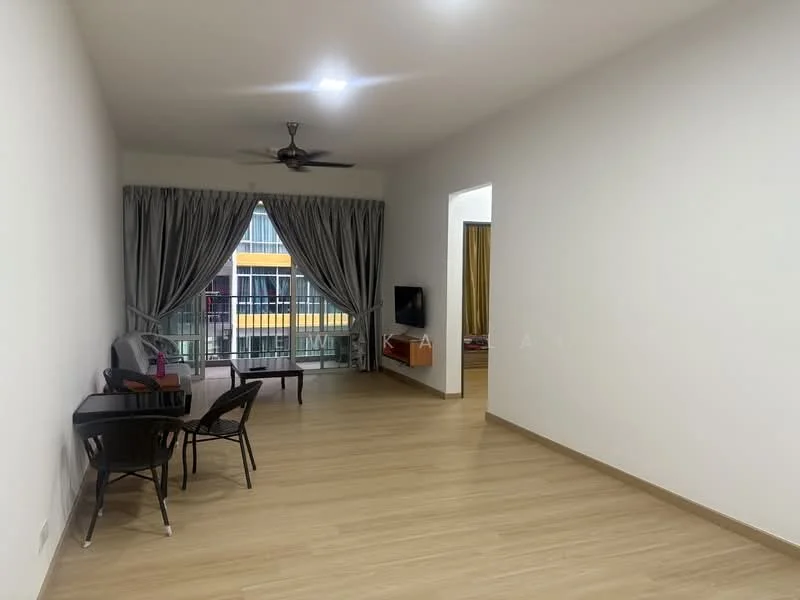 Living features: light wood laminate flooring, white painted walls, 5-blade ceiling fan with light, floor-to-ceiling windows, sheer curtains, TV console, wall-mounted TV, sofa, coffee table, dining table with chairs; style: modern; view: city.