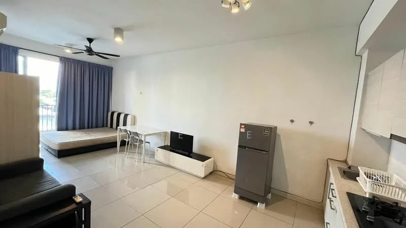 Living features: white painted walls, tile flooring, 5-blade ceiling fan with light, floor-to-ceiling windows, sliding glass door, black leather sofa, 2-seater dining table with transparent chairs, TV console, wall-mounted TV, refrigerator, kitchen cabinetry; style: modern.