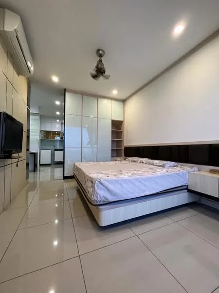 Bedroom features: queen-size bed, upholstered headboard, built-in wardrobe with sliding doors, wall-mounted TV, 5-blade ceiling fan, white painted walls, glossy tile flooring, recessed lighting, open shelving unit; style: modern.