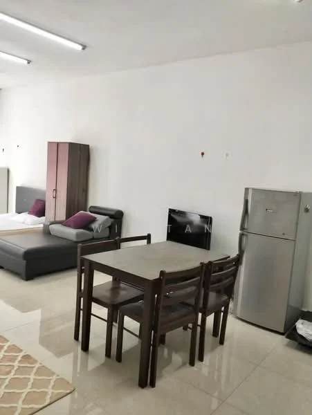 Living features: white painted walls, glossy tile flooring, sofa bed in grey, dining table with four chairs, stainless-steel fridge, wall-mounted TV, decorative rug, built-in wardrobe; style: modern.