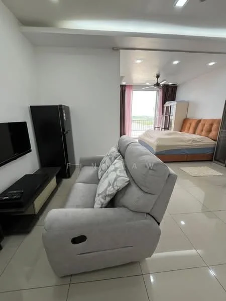 Living features: grey fabric 3-seater sofa, recliner sofa, black TV console, wall-mounted TV, cream area rug, white painted walls, glossy tile flooring, ceiling fan, large window with view, curtains in pink, bed in background with upholstered headboard, fridge in black; style: modern; view: city.