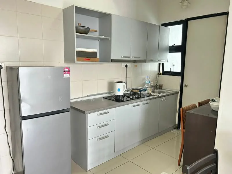 Kitchen features: grey cabinetry, stainless-steel fridge, 4-burner gas hob, built-in oven, white tiled backsplash, white tiled walls, ceramic tile flooring, sink with chrome faucet, open shelving, countertop with space for appliances, dining table with chairs; style: modern.