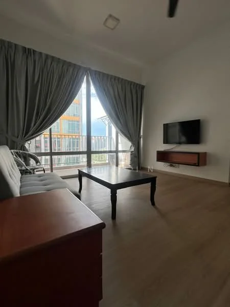 Living features: grey fabric sofa, wooden coffee table, wall-mounted TV, floor-to-ceiling windows, sheer curtains, dark wood TV console, laminate flooring, recessed downlights; style: modern; view: city.