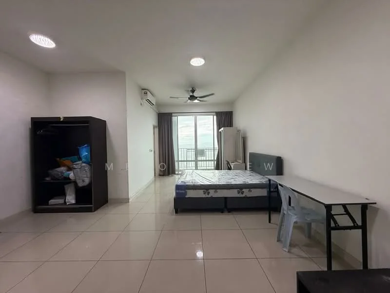 Bedroom features: white painted walls, tile flooring, ceiling fan, floor-to-ceiling windows, curtains, queen-size bed, mattress on bed frame, built-in wardrobe, study desk, plastic chair, air conditioning unit; style: modern.
