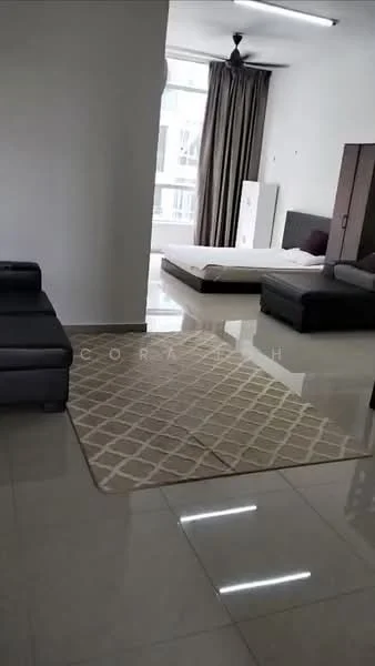 Living features: grey fabric sofa, area rug with geometric pattern, floor-to-ceiling window, curtains, polished tile flooring, ceiling fan, wall-mounted wardrobe, unmade bed with mattress; style: modern.
