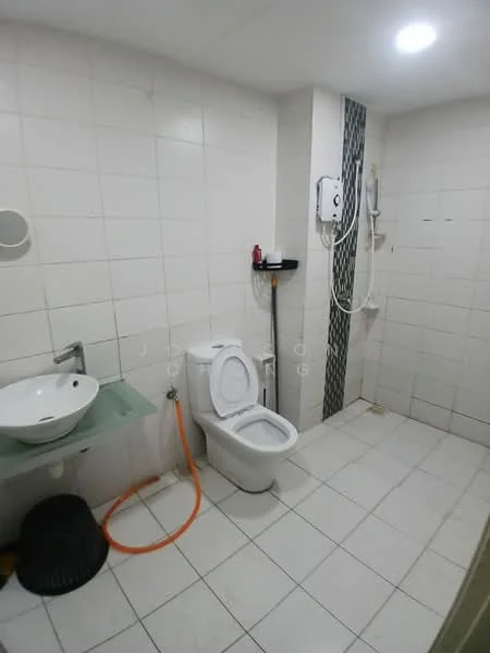 Bathroom features: white tiled walls, white tiled flooring, single-sink vanity with glass countertop, chrome basin mixer faucet, one-piece toilet, shower area with handheld shower, wall-mounted water heater, grey accent wall with tile cladding, ceiling-mounted LED light; style: modern.
