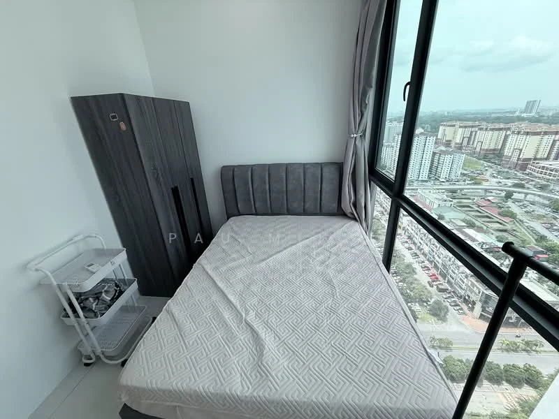 Bedroom features: single bed, upholstered headboard, grey bed frame, white mattress, floor-to-ceiling windows, curtains, grey wardrobe, white rolling cart, city view, light-colored walls, tile flooring; style: modern; view: city.