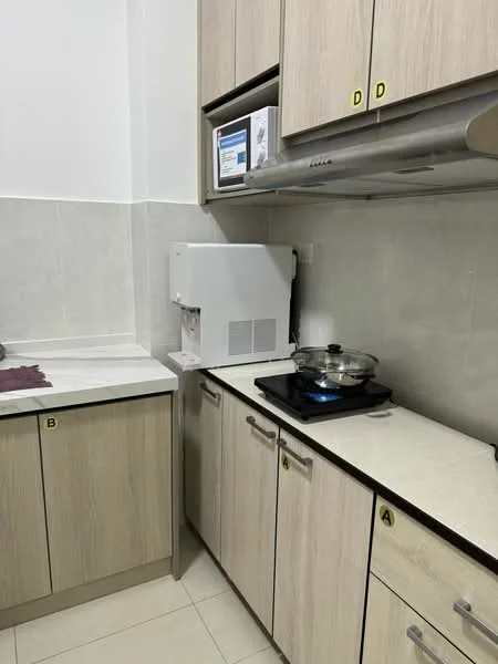 Kitchen features: light wood cabinetry, white countertop, built-in microwave, stainless-steel range hood, gas stove with glass lid, white tiled backsplash, cream tiled flooring, under-cabinet lighting; style: modern.