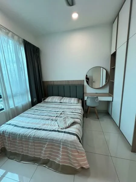 Bedroom features: queen-size bed with striped bedding, upholstered headboard, built-in wardrobe with white panels, round mirror on wall, study desk with wooden legs, floor-to-ceiling window with sheer curtains, grey curtain, glossy tile flooring, recessed ceiling lights; style: modern.