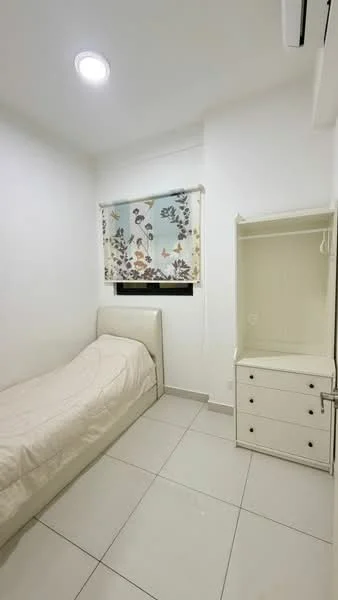 Bedroom features: single bed, white bed frame, light-colored bedding, built-in wardrobe, white drawer unit, window with floral-patterned roller blinds, white painted walls, tile flooring, ceiling light, wall-mounted air conditioning unit; style: modern.