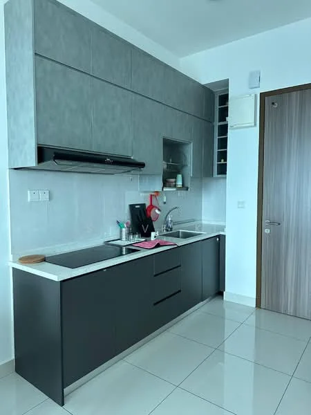 Kitchen features: grey cabinetry, black lower cabinets, white marble countertop, single-bowl stainless-steel sink, chrome pull-down faucet, built-in oven, stainless-steel range hood, ceramic tile flooring, wall-mounted storage shelves, recessed downlights, white tiled backsplash, kitchen utensils on countertop; style: modern.