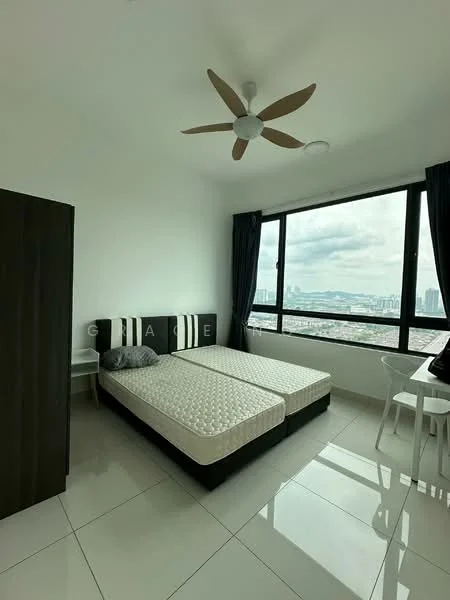 Bedroom features: two single beds with mattresses, 5-blade ceiling fan, floor-to-ceiling windows, blackout curtains, white painted walls, glossy tile flooring, built-in wardrobe, study desk, white chair, city view; style: modern; view: city.