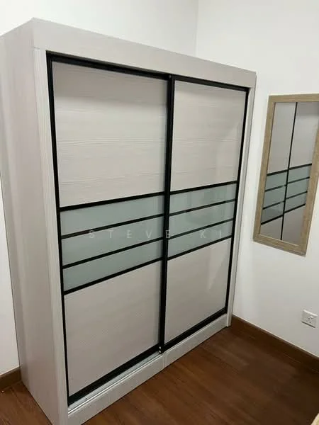 Room features: sliding wardrobe with glass panels, light wood finish, black frame, full-length mirror, wooden flooring, white painted walls; style: modern.