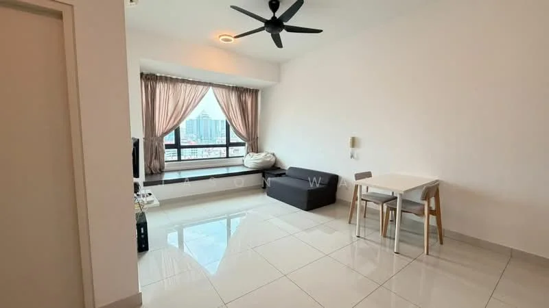 Living features: white painted walls, glossy ceramic tile flooring, 5-blade ceiling fan with light, floor-to-ceiling windows, sheer curtains, sofa in dark grey, small dining table with two chairs, built-in window seat, city view; style: modern; view: city.