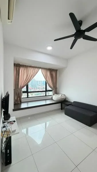 Living features: white painted walls, glossy white tile flooring, 5-blade ceiling fan in black, floor-to-ceiling window, sheer curtains, window seat with cushion, black fabric sofa, wall-mounted TV, TV console, LED ceiling light; style: modern; view: city.