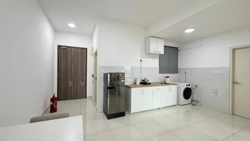 Kitchen features: white cabinetry, stainless-steel fridge, built-in washing machine, white countertop, ceramic tile flooring, grey tiled backsplash, single-bowl stainless-steel sink, chrome pull-down faucet, recessed downlights, fire extinguisher, window with roller blinds, door leading to hallway; style: modern.