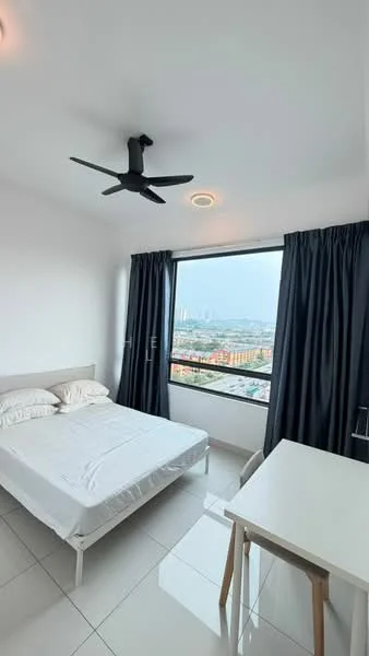 Bedroom features: queen-size bed, white bedding, blackout curtains, floor-to-ceiling window, city view, ceiling fan with light, white walls, white tiled flooring, study desk, chair; style: modern; view: city.