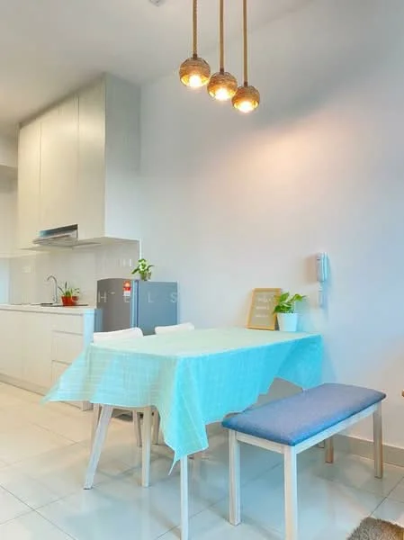 Dining features: light blue tablecloth, white dining table, wooden bench with blue cushion, three pendant lights with woven shades, white cabinetry, stainless-steel fridge, green potted plants, white tiled flooring, wall-mounted phone, decorative sign on wall; style: modern. Kitchen features: white cabinetry, stainless-steel appliances, open layout, white tiled backsplash; style: modern.