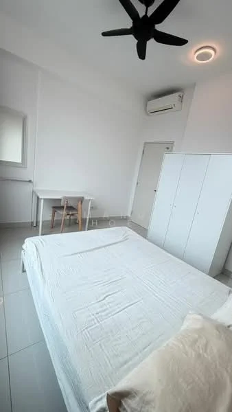 Bedroom features: queen-size bed with white bedding, white walls, grey tiled flooring, 5-blade ceiling fan, wall-mounted split AC, built-in wardrobe with sliding doors, study desk with wooden legs, chair with wooden legs, mirror on wall; style: modern.