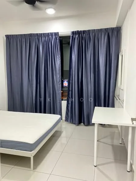 Bedroom features: white painted walls, white tiled flooring, ceiling fan, blue curtains, single bed frame without mattress, white desk, wall-mounted mirror, television visible through curtains; style: modern.