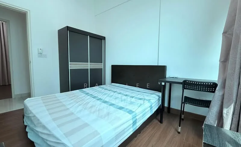 Bedroom features: queen-size bed with striped bedding, wooden headboard, black study desk, black chair, built-in wardrobe with sliding doors, light-colored walls, laminate flooring, curtains, window, minimalist decor; style: modern.