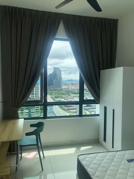Bedroom features: floor-to-ceiling windows, grey curtains, white wardrobe, wooden desk, green chair, queen-size bed, tile flooring, city view; style: modern; view: city.
