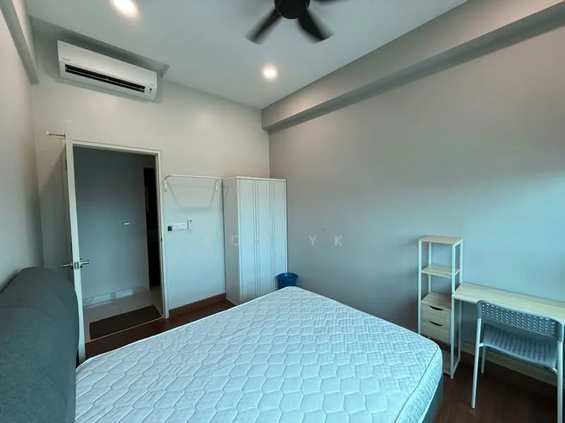 Bedroom features: queen-size bed, grey upholstered headboard, 1 bedside table with drawer, desk with chair, built-in wardrobe with sliding doors, wall-mounted air conditioning unit, wooden flooring, light grey painted walls, ceiling fan, window with no visible treatment; style: modern.