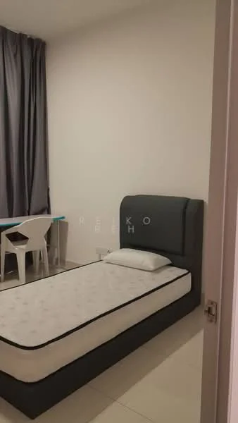 Bedroom features: single bed, upholstered headboard, white mattress, grey bed frame, white bedding, floor-to-ceiling curtains, grey curtains, white desk, white chair, tile flooring, plain white walls, light fixture; style: modern.