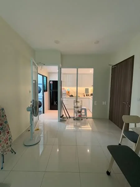 Room features: white painted walls, glossy tile flooring, recessed downlights, glass sliding door, wooden door, open layout, kitchen area visible, appliances in kitchen, fan, furniture, clean lines; style: modern.