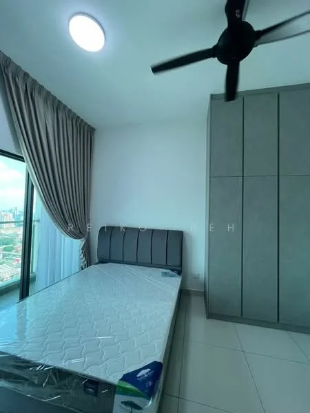 Bedroom features: queen-size bed, upholstered headboard, built-in wardrobe with grey cabinetry, floor-to-ceiling window, curtains, white painted walls, tile flooring, ceiling fan with light, recessed ceiling light; style: modern; view: city.