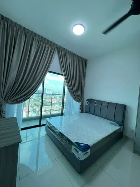 Bedroom features: queen-size bed, grey upholstered headboard, floor-to-ceiling windows, city view, sheer curtains, blackout curtains, white painted walls, glossy tile flooring, ceiling fan with light, nightstand, decorative wall art; style: modern; view: city.