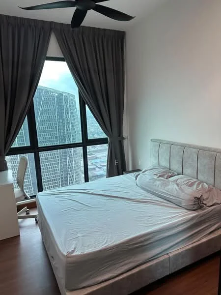 Bedroom features: king-size bed, upholstered headboard, floor-to-ceiling windows, city view, grey curtains, wooden flooring, ceiling fan, study desk, white chair; style: modern; view: city.