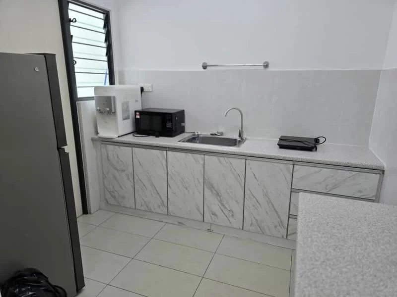 Kitchen features: grey marble countertop, white cabinetry with flat-panel doors, stainless-steel single-bowl sink, chrome pull-down faucet, built-in microwave, freestanding fridge, white water dispenser, tile backsplash, ceramic tile flooring, window with horizontal slats; style: modern.
