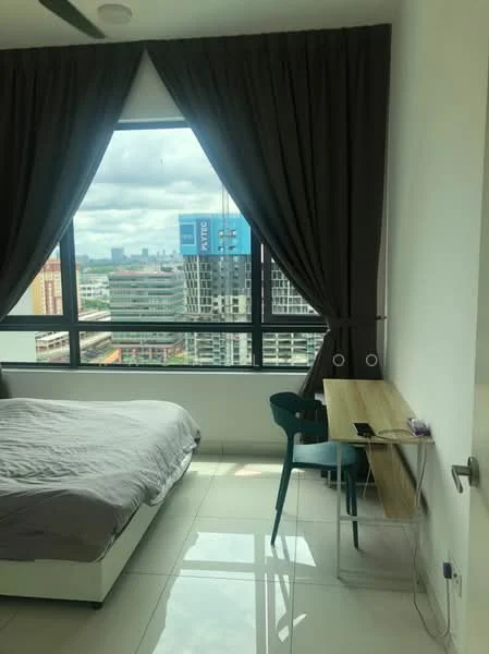 Bedroom features: queen-size bed with grey bedding, floor-to-ceiling windows, blackout curtains, white painted walls, glossy tile flooring, wooden desk, green chair, city view, wall-mounted speakers; style: modern; view: city.