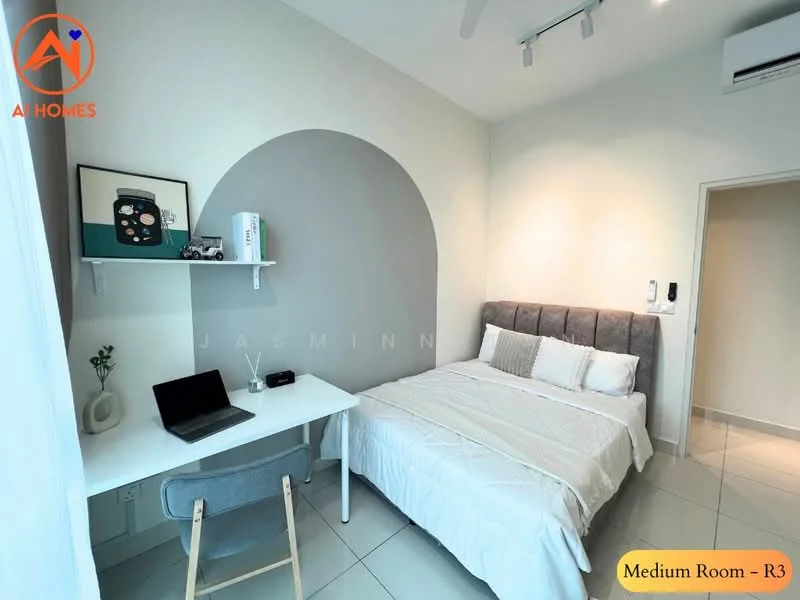 Bedroom features: queen-size bed with grey upholstered headboard, white bedding, white walls, light grey accent wall, desk with laptop, white shelving unit, floor-to-ceiling window, recessed downlights, tile flooring, ceiling fan; style: modern.