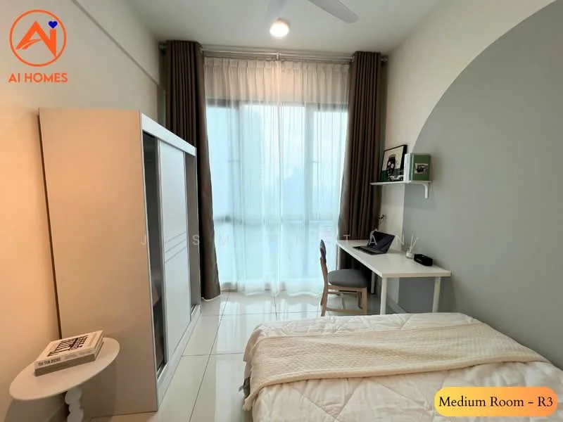 Bedroom features: queen-size bed with white bedding, floor-to-ceiling windows, sheer curtains, light grey accent wall, white painted walls, white tiled flooring, ceiling fan, study desk with chair, built-in wardrobe, decorative wall art, nightstand, lamp on nightstand; style: modern; view: city.