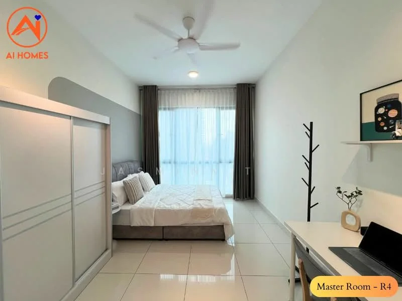 Bedroom features: king-size bed, upholstered headboard, white bedding, 2 bedside tables, table lamps, floor-to-ceiling windows, sheer curtains, grey accent wall, ceiling fan with light, wall-mounted desk, decorative wall hook, tile flooring; style: modern.