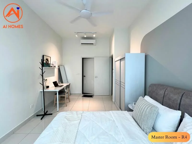 Bedroom features: queen-size bed with upholstered headboard, white bedding, 2 bedside lamps, study desk with chair, wall-mounted mirror, built-in wardrobe with sliding doors, white painted walls, ceiling fan, air conditioning unit, tile flooring, window with natural light, decorative wall art; style: modern.
