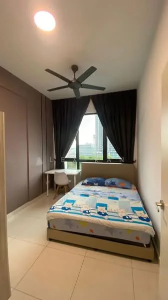 Bedroom features: queen-size bed with patterned bedding, ceiling fan, floor-to-ceiling windows, blackout curtains, study desk, white chair, light-colored tiled flooring, painted accent wall in dark color; style: modern; view: city.