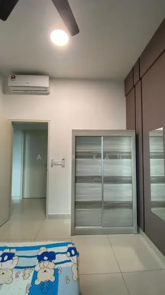 Bedroom features: white painted walls, grey accent wall, glossy tile flooring, 5-blade ceiling fan, wall-mounted split AC, built-in wardrobe with sliding doors, mirror on wardrobe, doorway leading to another room; style: modern.