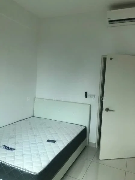 Bedroom features: white painted walls, tile flooring, queen-size bed, air conditioning unit, door, window, light switch, mattress.