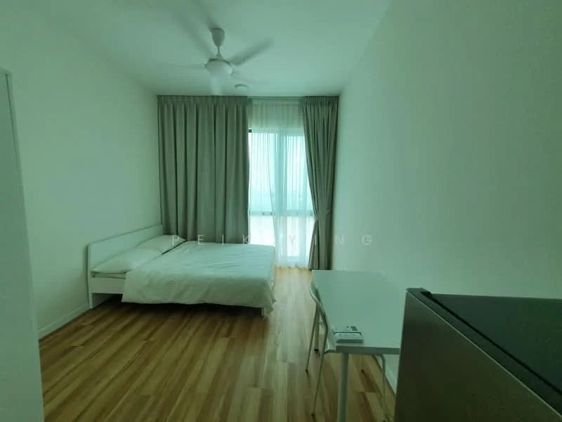 Bedroom features: queen-size bed with white bedding, light wood flooring, floor-to-ceiling windows, sheer curtains, 5-blade ceiling fan, white painted walls, study desk, fridge; style: modern; view: city.