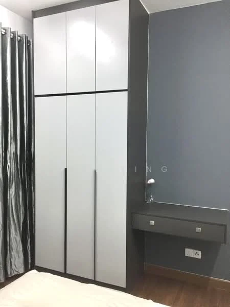 Bedroom features: built-in wardrobe with grey and white finish, mirror above the dresser, dark wood flooring, grey accent wall, floor-to-ceiling curtains in silver, simple wall-mounted drawer unit; style: modern.