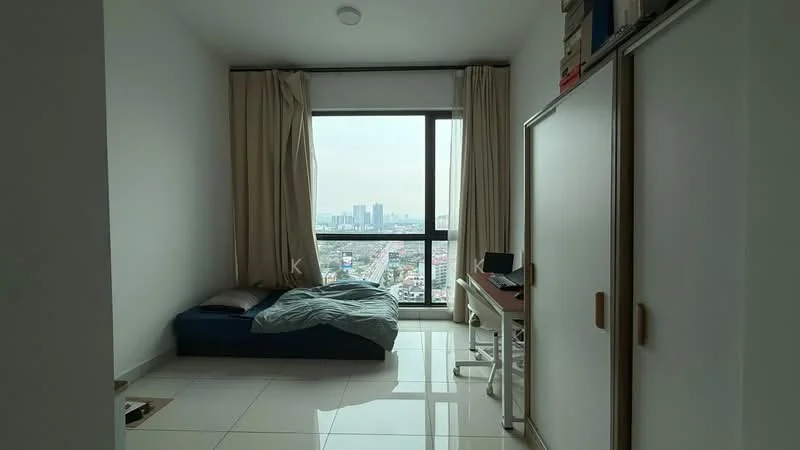 Bedroom features: floor-to-ceiling windows, white painted walls, light grey bedding, single bed, study desk, chair, curtains, tile flooring, city view; style: modern; view: city.