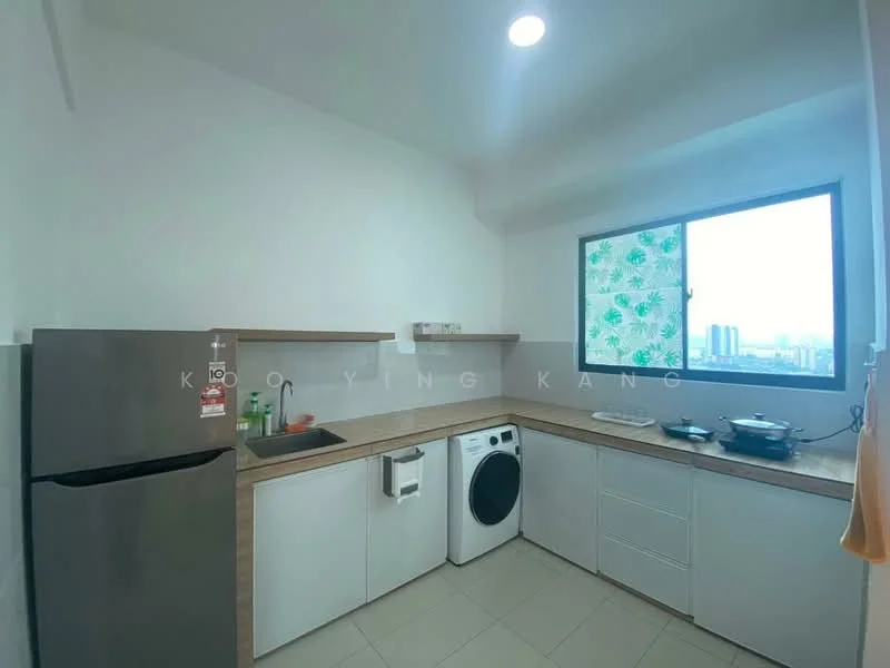 Kitchen features: white painted walls, light wood cabinetry, grey countertop, stainless-steel fridge, front-load washing machine, single-bowl stainless-steel sink, chrome pull-down faucet, window with floral pattern treatment, tile flooring, stove with cooking pots, open shelving, under-sink storage; style: modern; view: city.