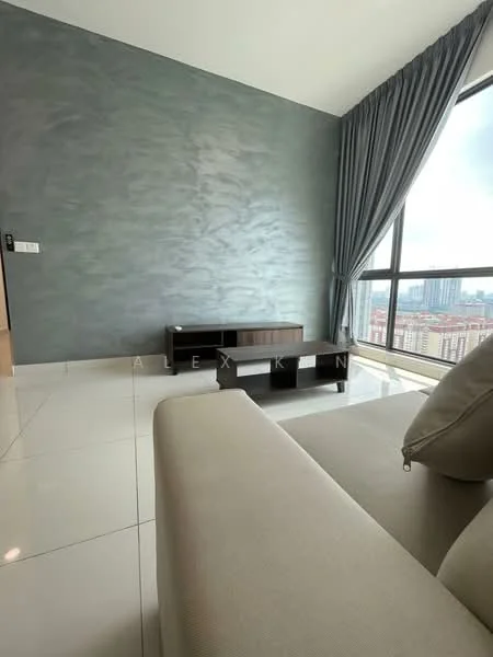 Living features: grey accent wall, white painted walls, large floor-to-ceiling windows, curtains, white tiled flooring, sofa, coffee table, TV console, city view; style: modern; view: city.