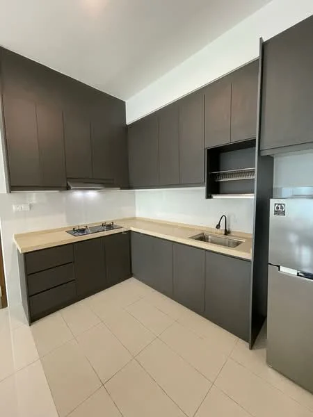 Kitchen features: dark wood cabinetry, light-colored countertop, double-bowl stainless-steel sink, chrome pull-down faucet, built-in gas hob, extraction hood, open shelving, ceramic tile flooring, white tiled backsplash, refrigerator, under-cabinet lighting; style: modern.