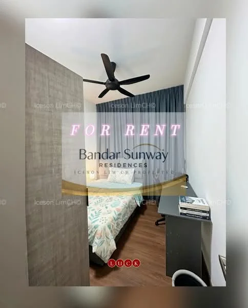 Bedroom features: wooden flooring, blue curtains, ceiling fan, queen-size bed with patterned bedding, study desk, wall-mounted light, decorative wall panel, built-in wardrobe; style: modern.