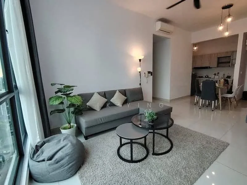 Living features: 3-seater fabric sofa in grey, coffee table with black metal frame, area rug with neutral color, floor-to-ceiling windows, potted houseplant, bean bag chair, recessed downlights, ceiling fan, wall sconce, white painted walls, polished tile flooring; style: modern; view: city. Kitchen features: open kitchen layout, wood cabinetry, stainless-steel appliances, kitchen island with seating, pendant lighting; style: modern.