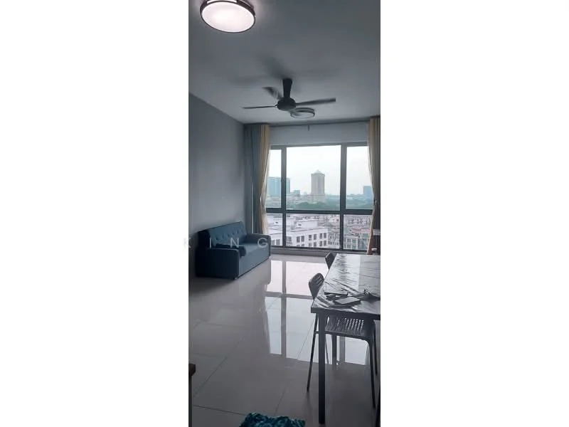 Living features: grey fabric sofa, floor-to-ceiling windows, white walls, recessed ceiling light, 5-blade ceiling fan, glossy tile flooring, curtains, dining table with chairs; style: modern; view: city.